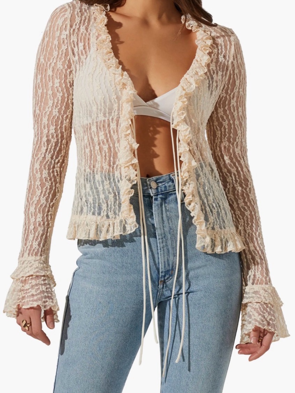 Astr The Label Cream Bed Jacket Lace Sheer Ruffle Tie Front Blouse Romantic S
